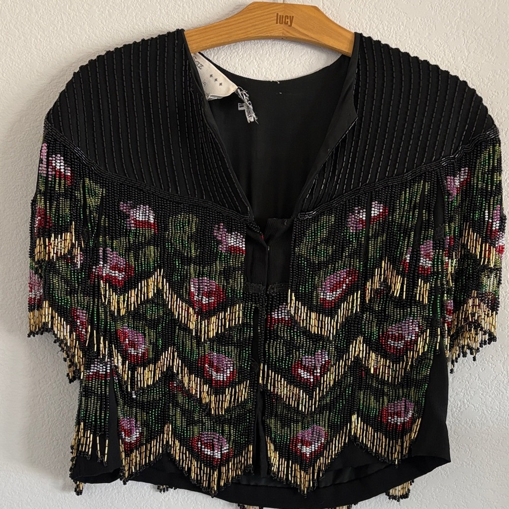 Vintage Beaded Silk Floral Fringe Jacket - Black with Gold & Red Accents
